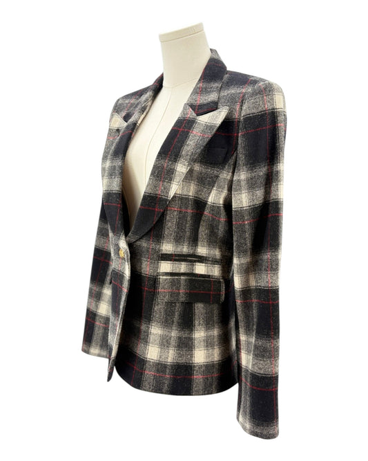 Smythe laid blazer jacket with leather elbow patches on a mannequin against a white background
