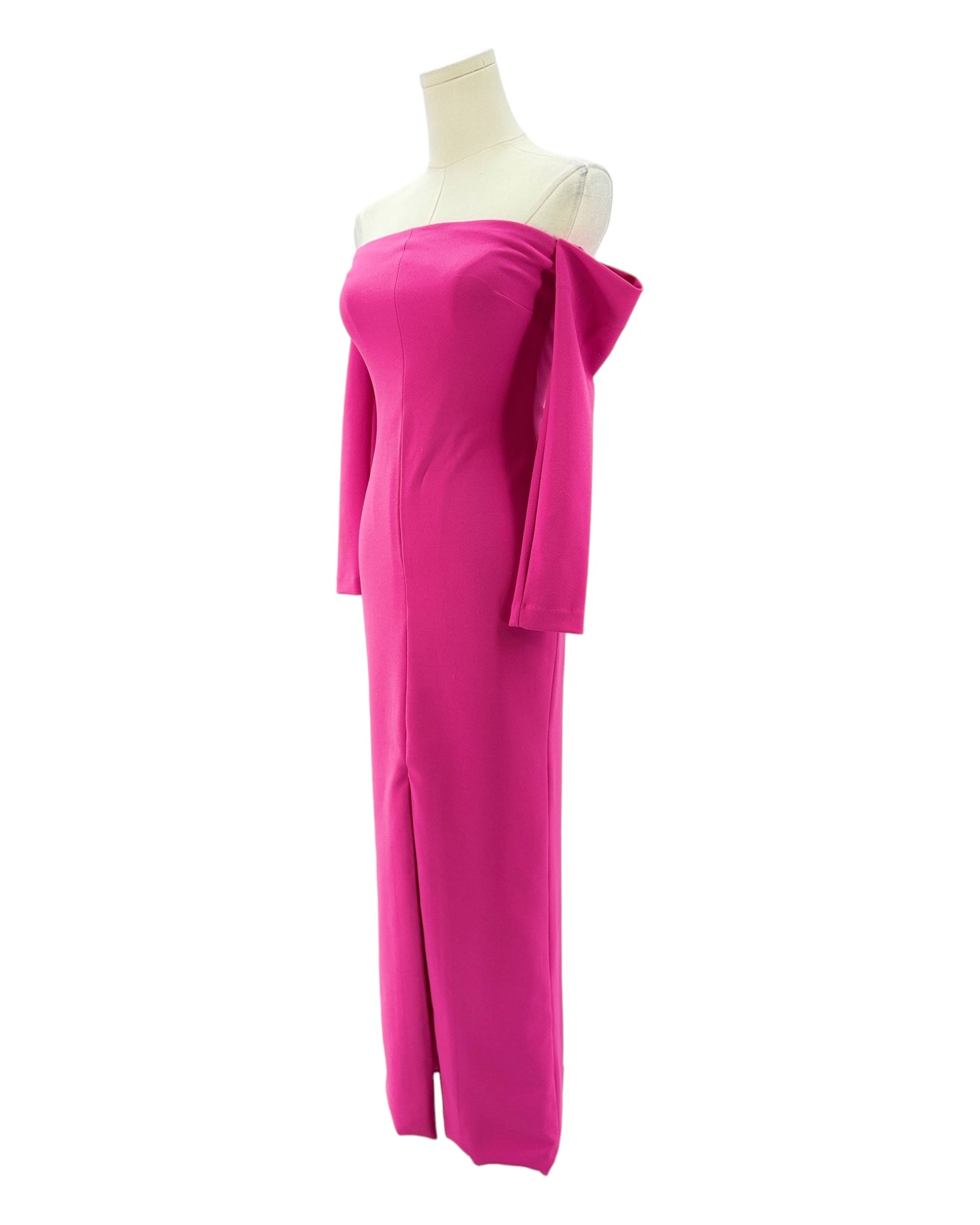 Pink one-shoulder dress on a mannequin against a white background