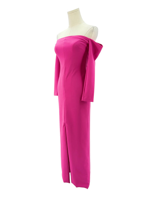 Pink one-shoulder dress on a mannequin against a white background