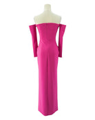 Pink off-shoulder gown on a mannequin against a white background