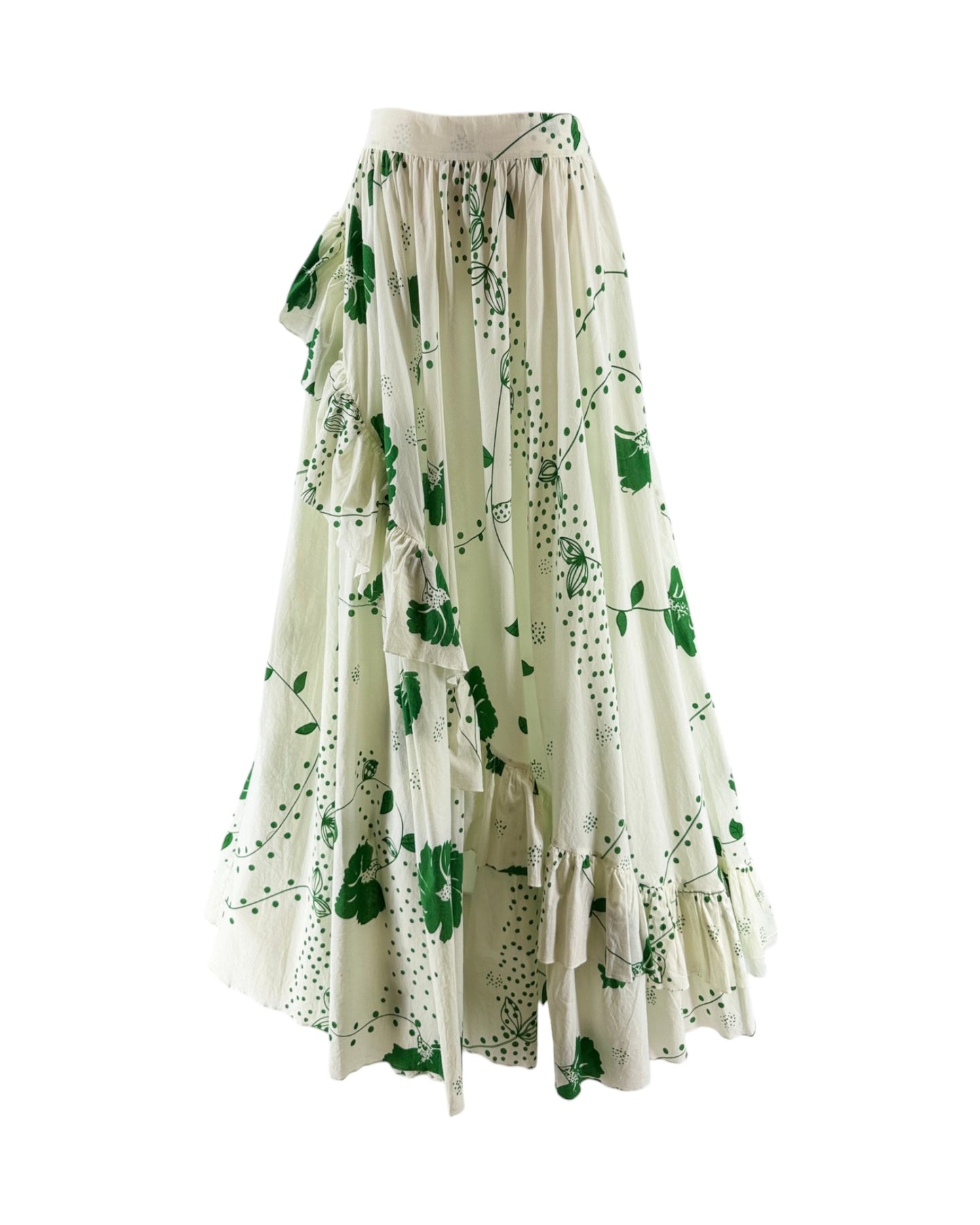 White skirt with green floral pattern on a white background
