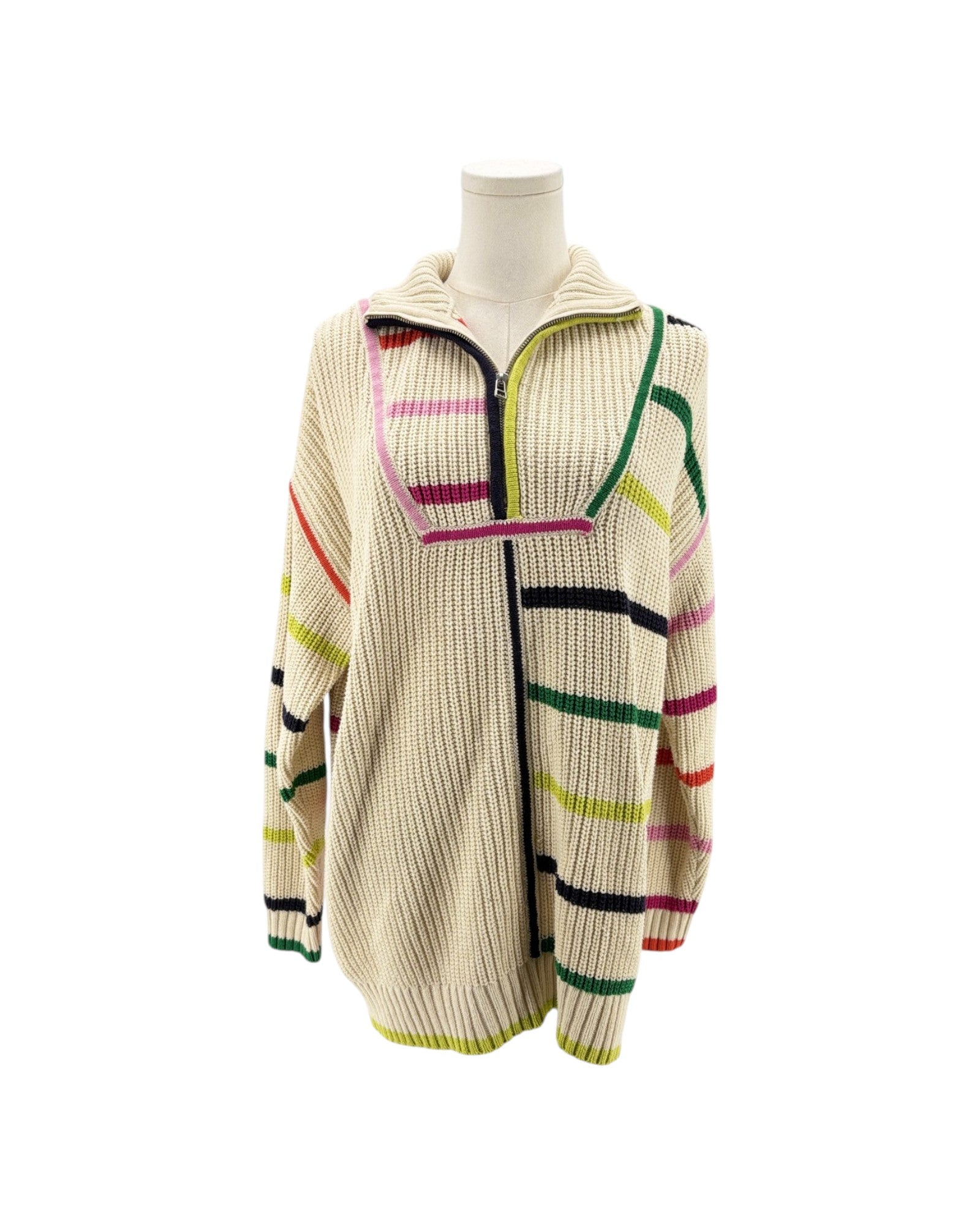 A cream-colored ribbed knit zip-up sweater with colorful striped accents in pink, green, yellow, and black, displayed on a mannequin torso against a white background.