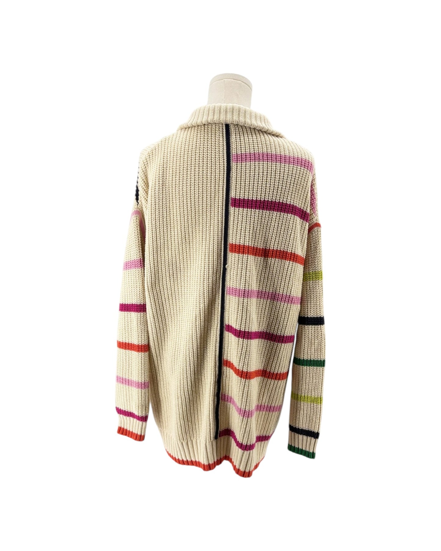 A cream-colored ribbed knit cardigan sweater with horizontal multicolor stripes, displayed on a mannequin against a white background.
