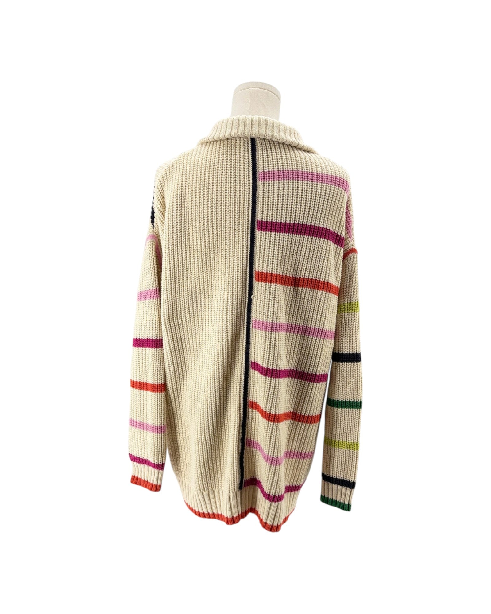A cream-colored ribbed knit cardigan sweater with horizontal multicolor stripes, displayed on a mannequin against a white background.