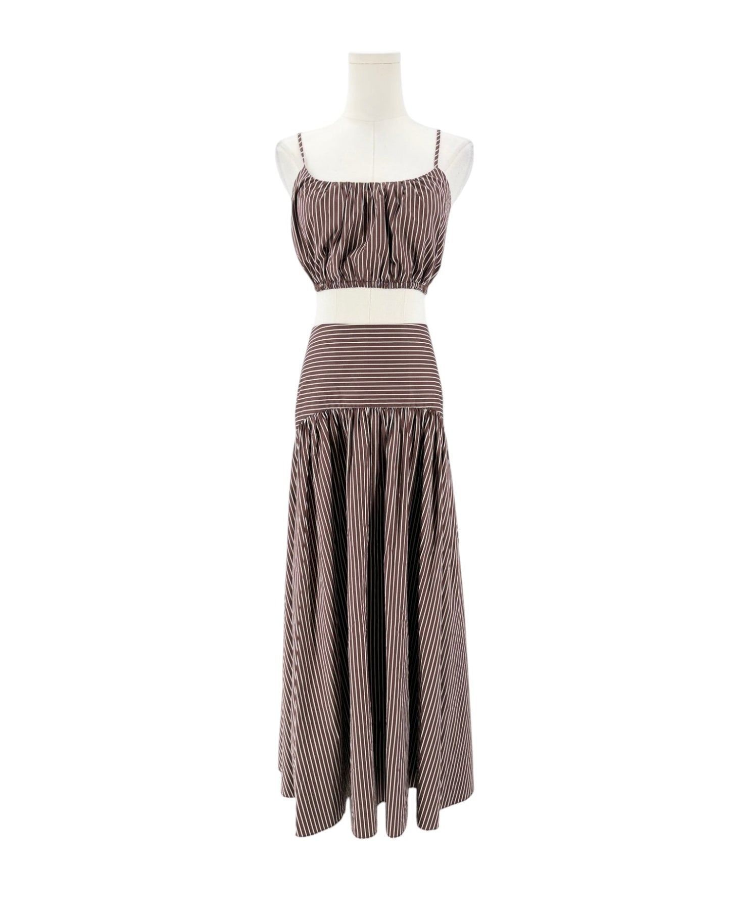 A two-piece two-tone striped set consisting of a sleeveless crop top and a matching maxi skirt, displayed on a white mannequin against a plain white background.