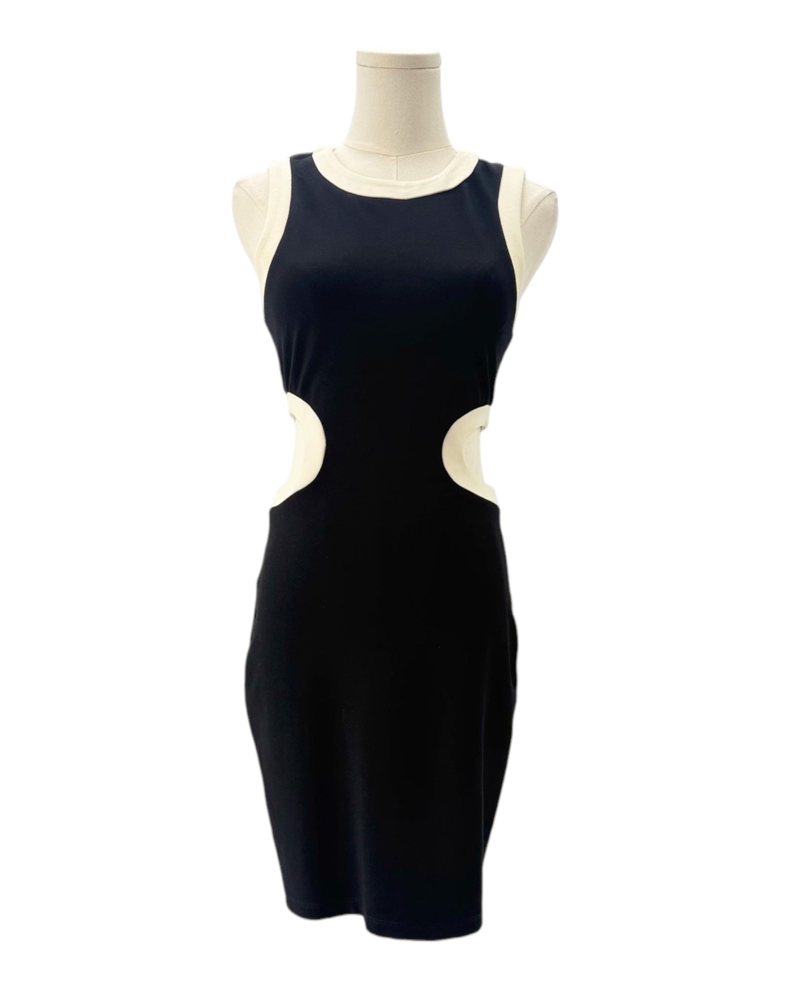 Black dress with cut-out design on a mannequin against a white background