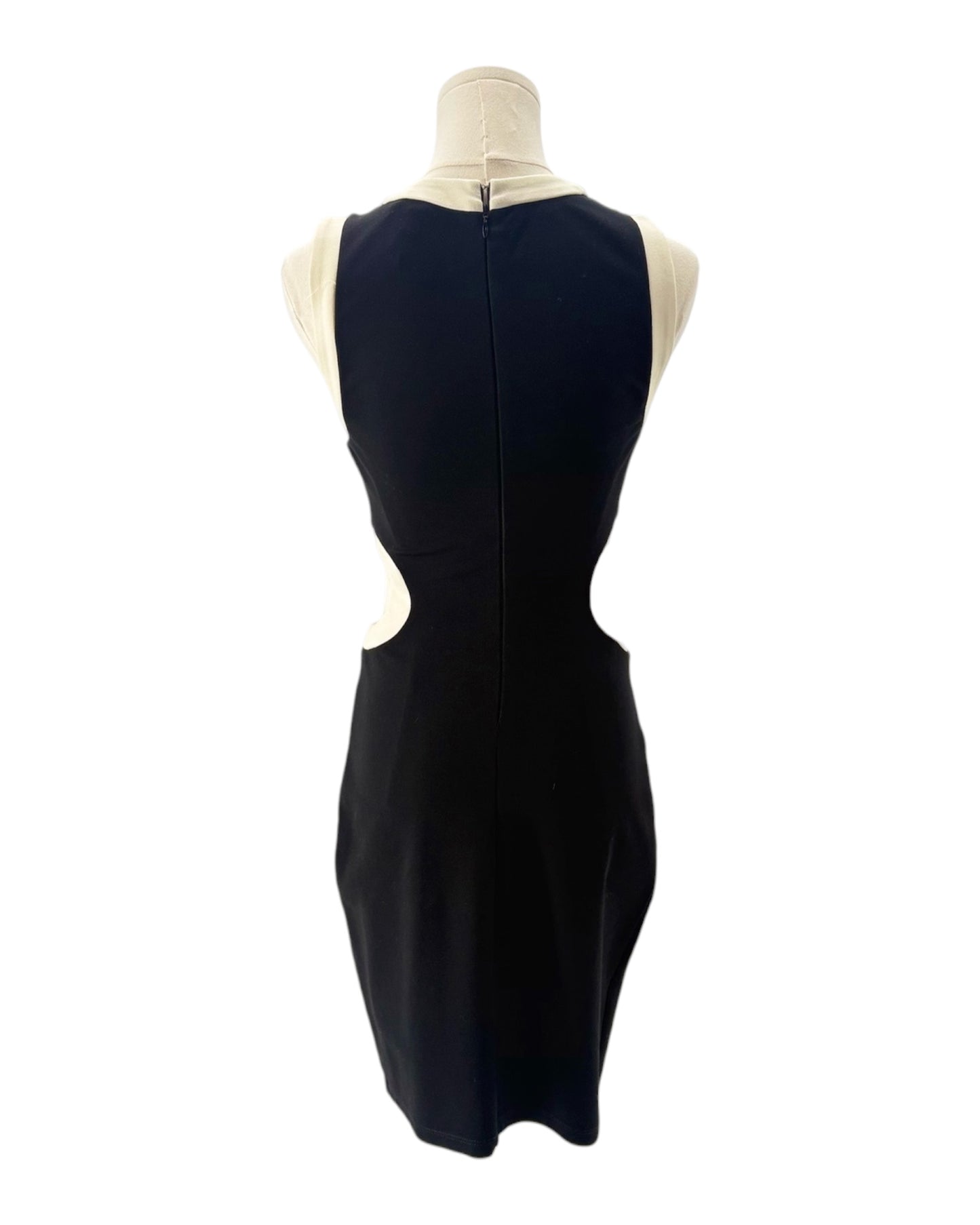Black sleeveless dress on a mannequin with a white background