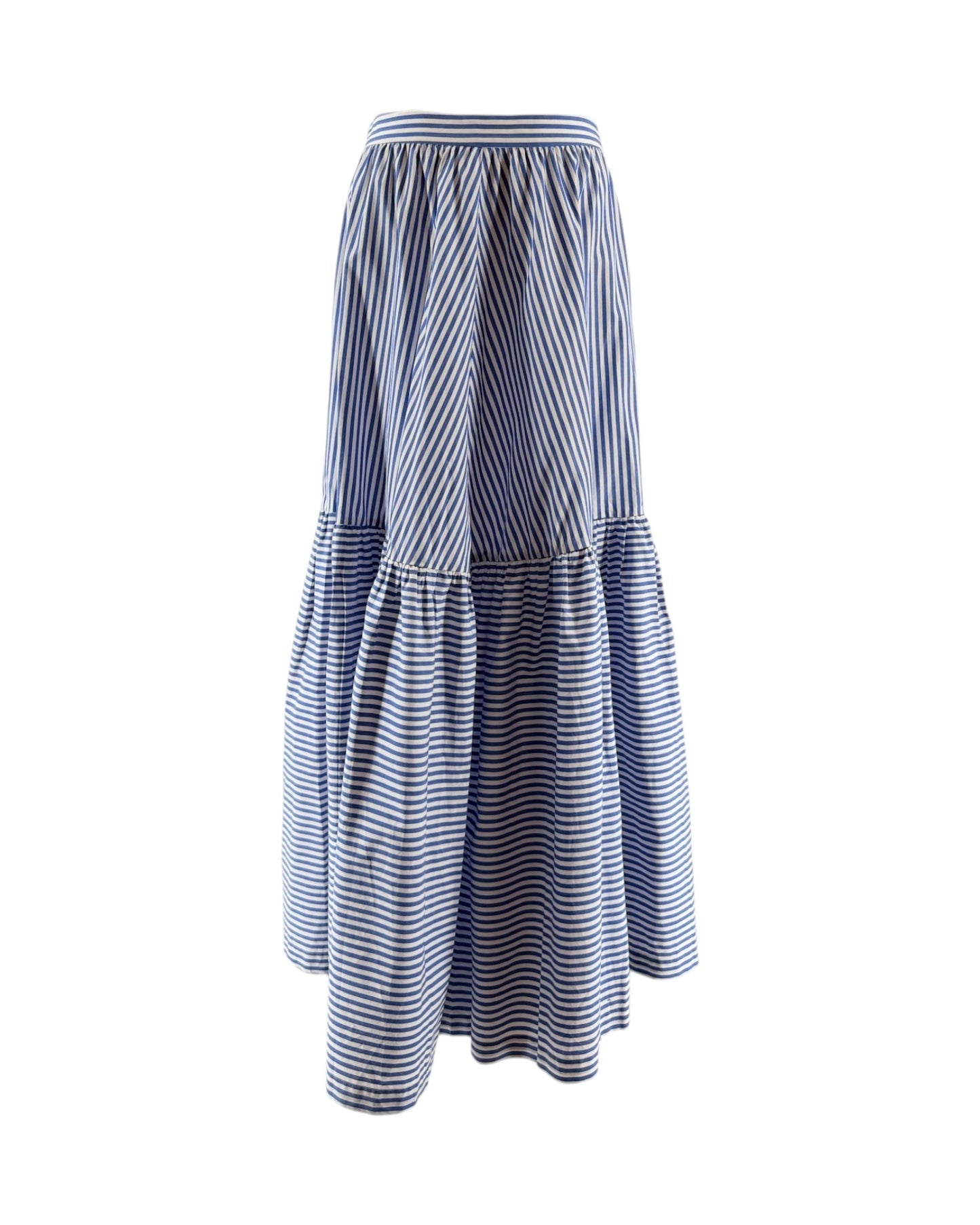 Long blue and white striped skirt on a white background