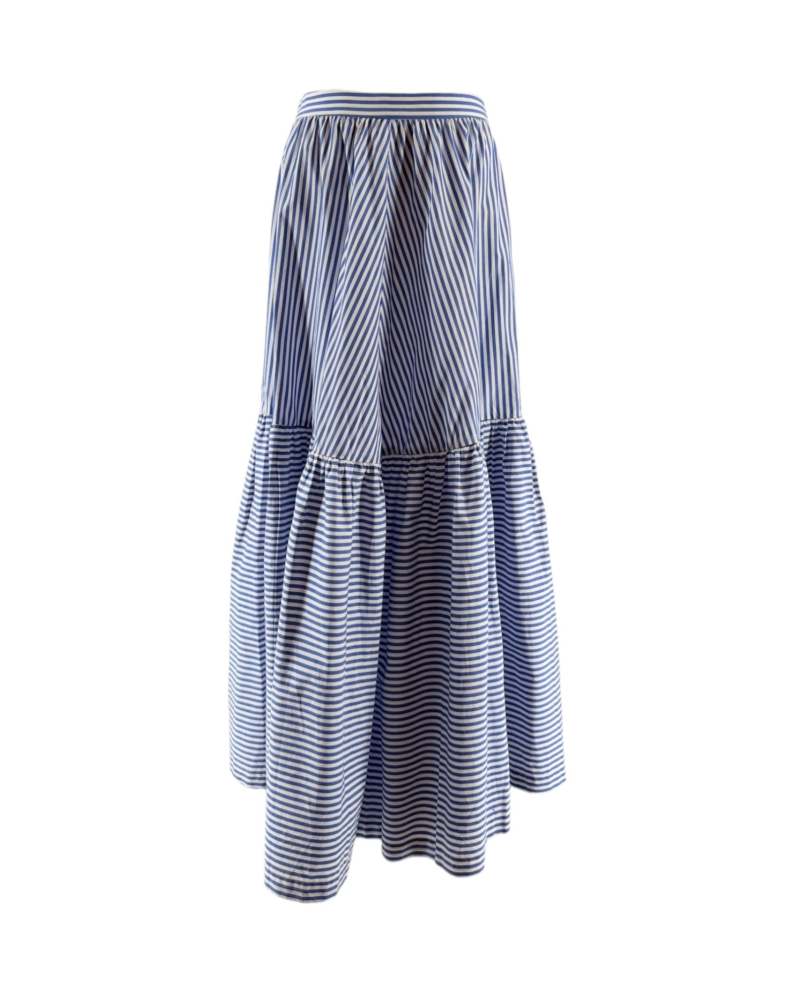 Long blue and white striped skirt on a white background