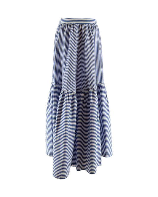 Long blue and white striped skirt on a white background