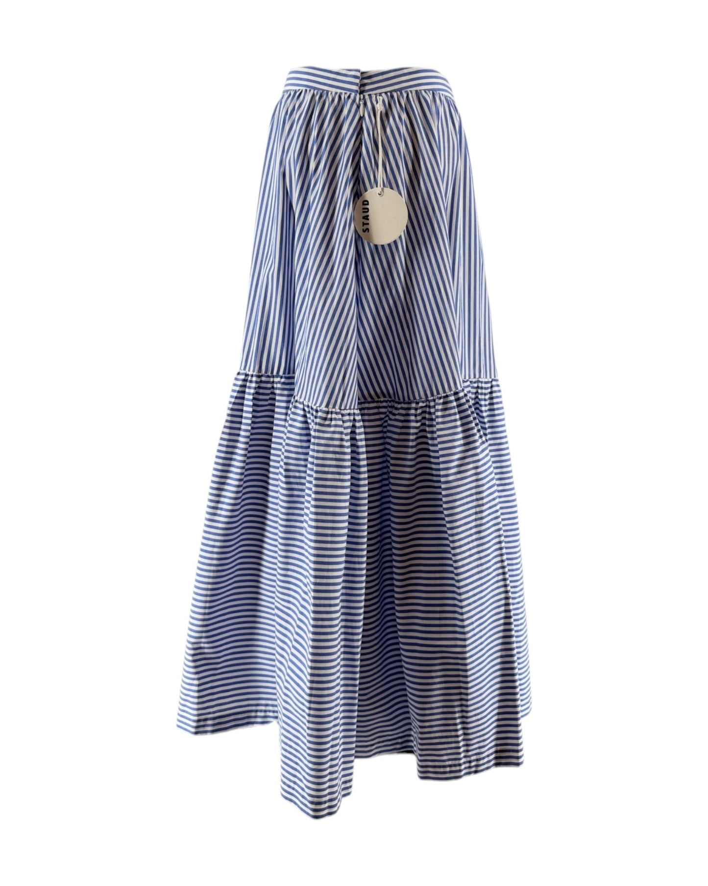 Blue and white striped dress with a label on a white background