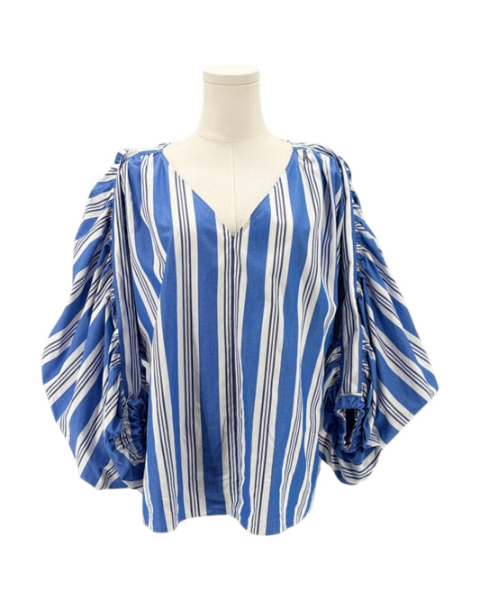 Blue and white striped blouse on a mannequin against a white background