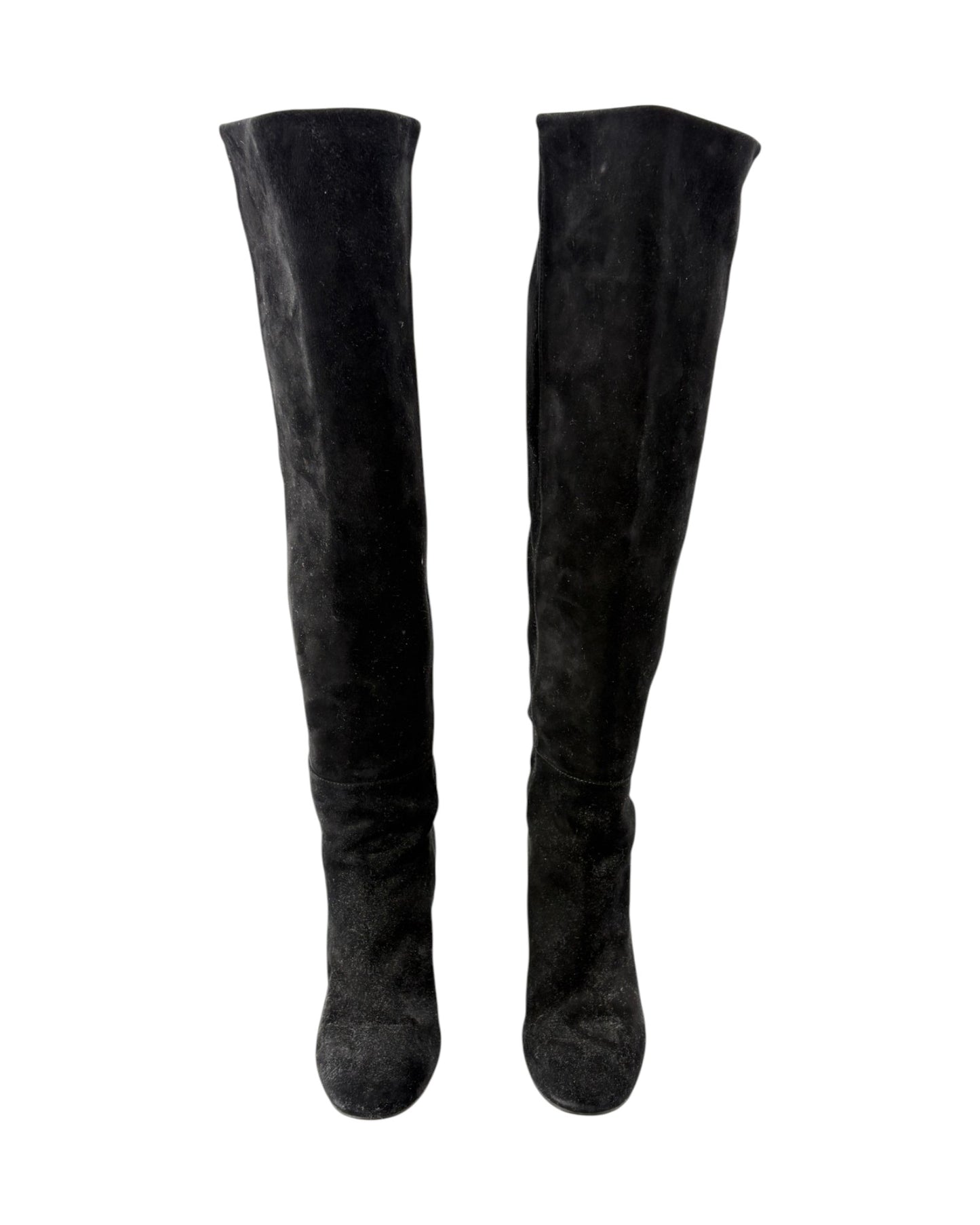 A pair of black suede over-the-knee boots shown flat against a plain white background.