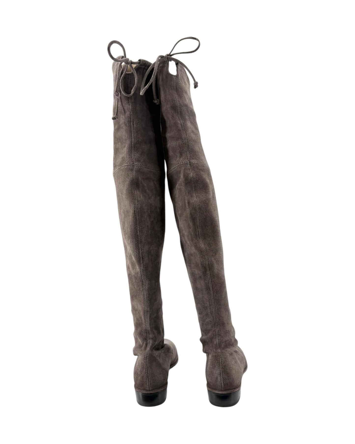 A pair of dark brown suede over-the-knee boots with lace-up front details, shown from the back against a plain white background.