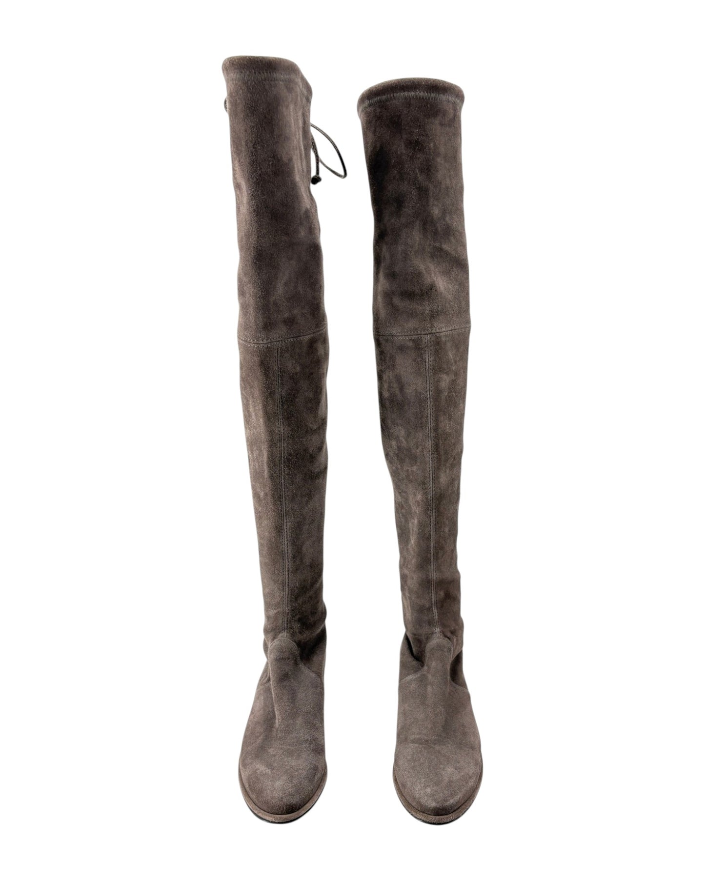 A pair of dark brown suede over-the-knee boots shown from the front on a plain white background.