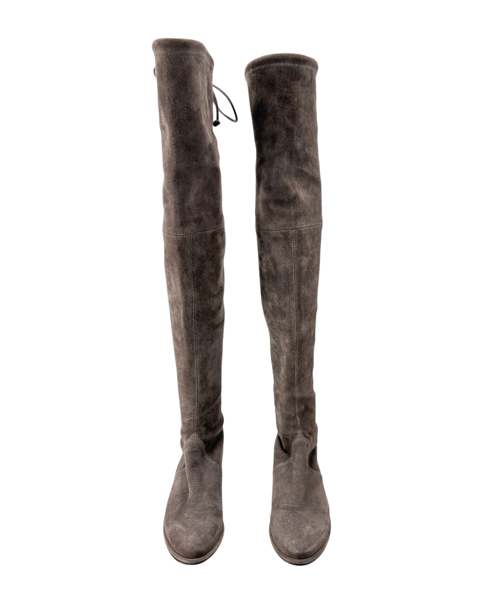 A pair of dark brown suede over-the-knee boots shown from the front on a plain white background.