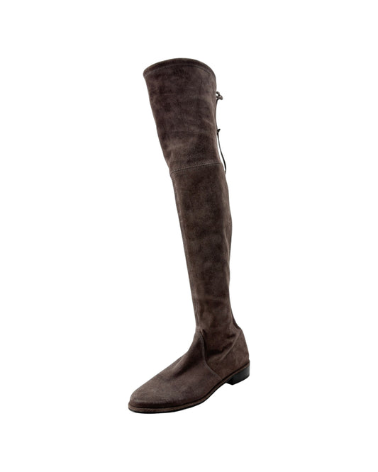 A single over-the-knee boot in dark brown suede, shown from a side profile against a plain white background.