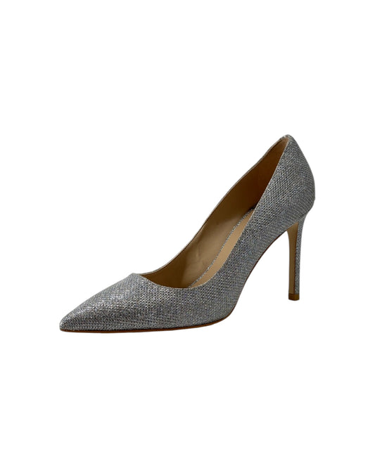 Silver high-heeled shoe on a white background