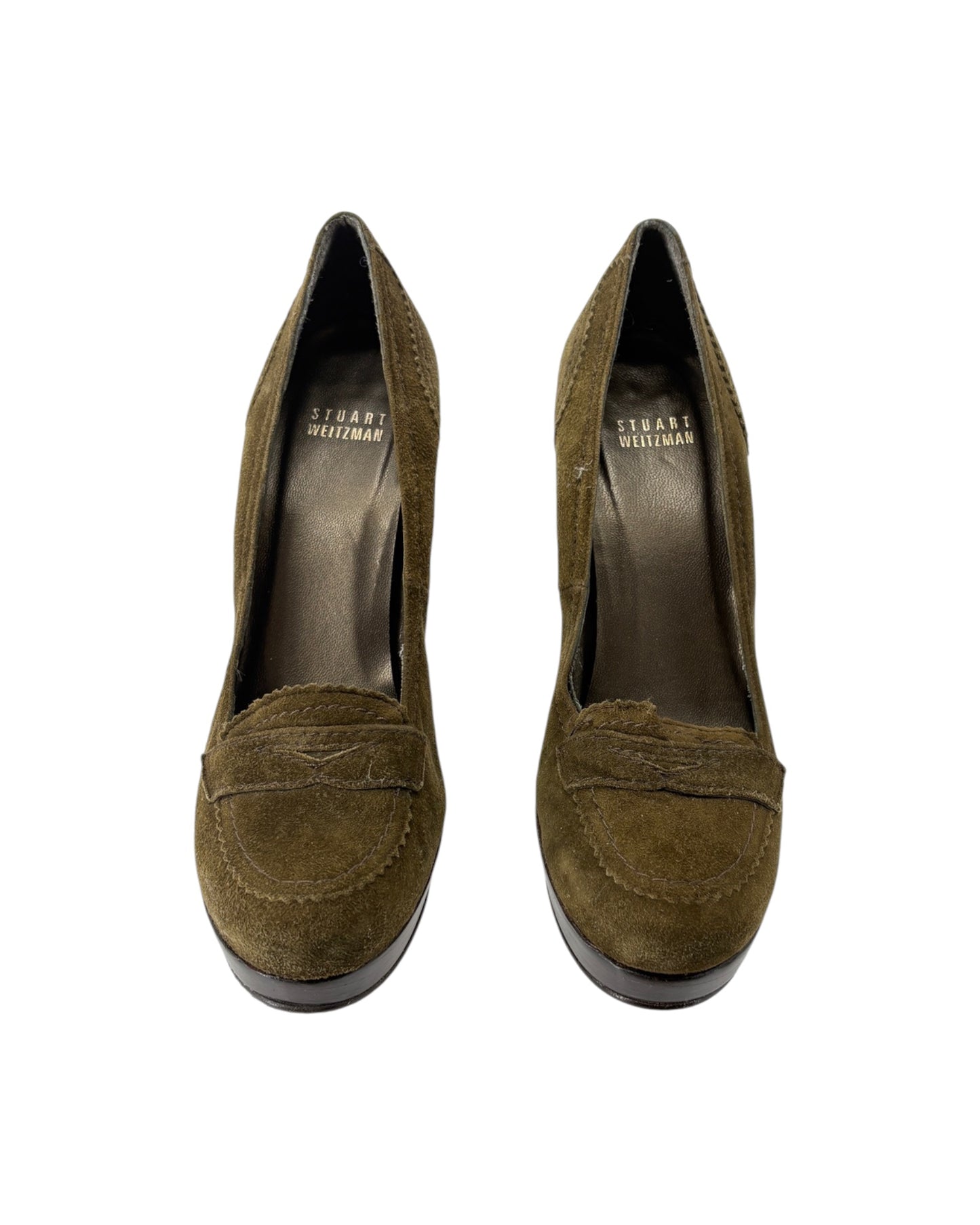 Pair of olive green suede shoes on a white background