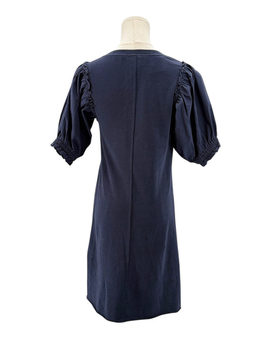 Sundays navy blue dress on a mannequin against a white background