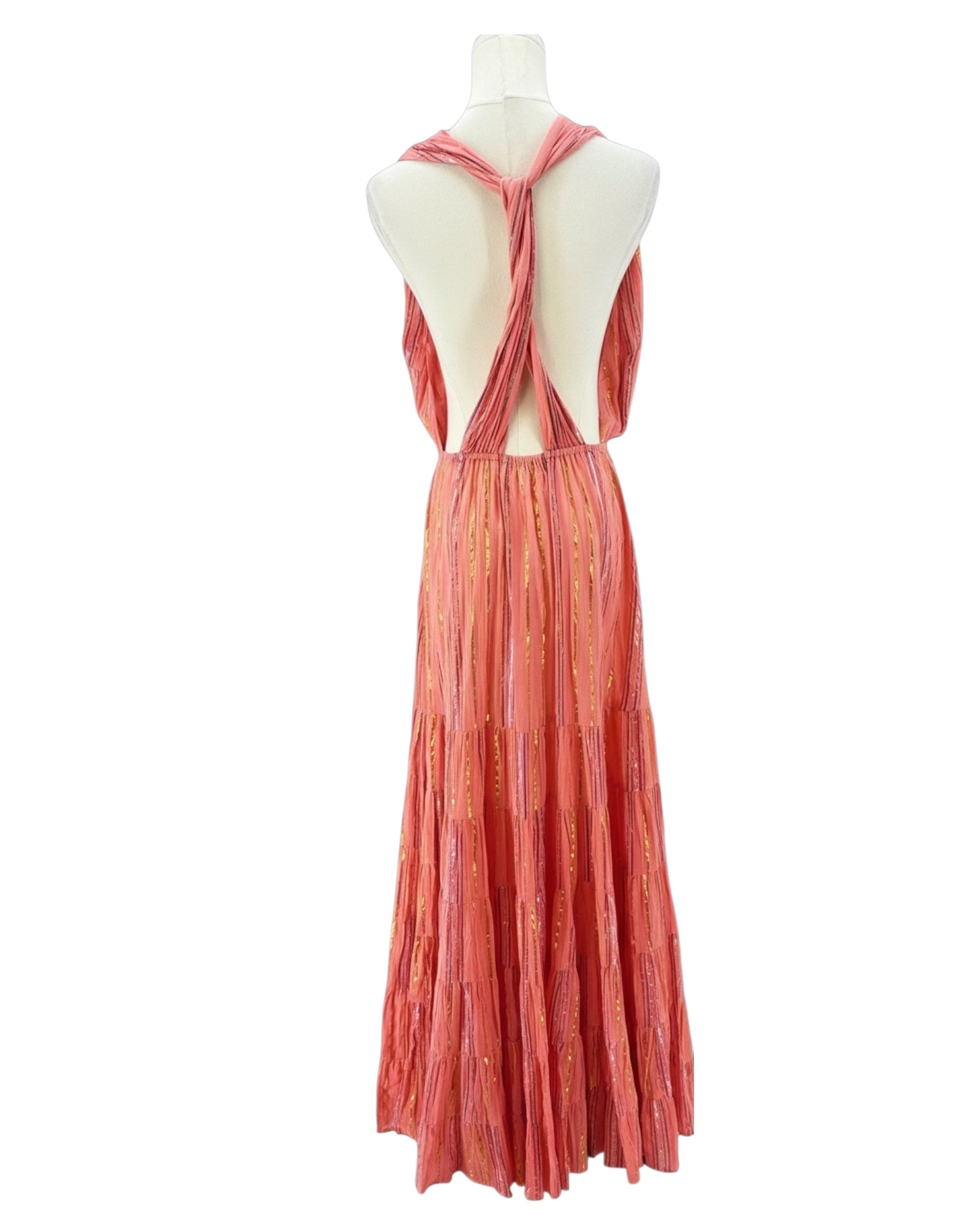 Red halter neck dress on a mannequin against a white background