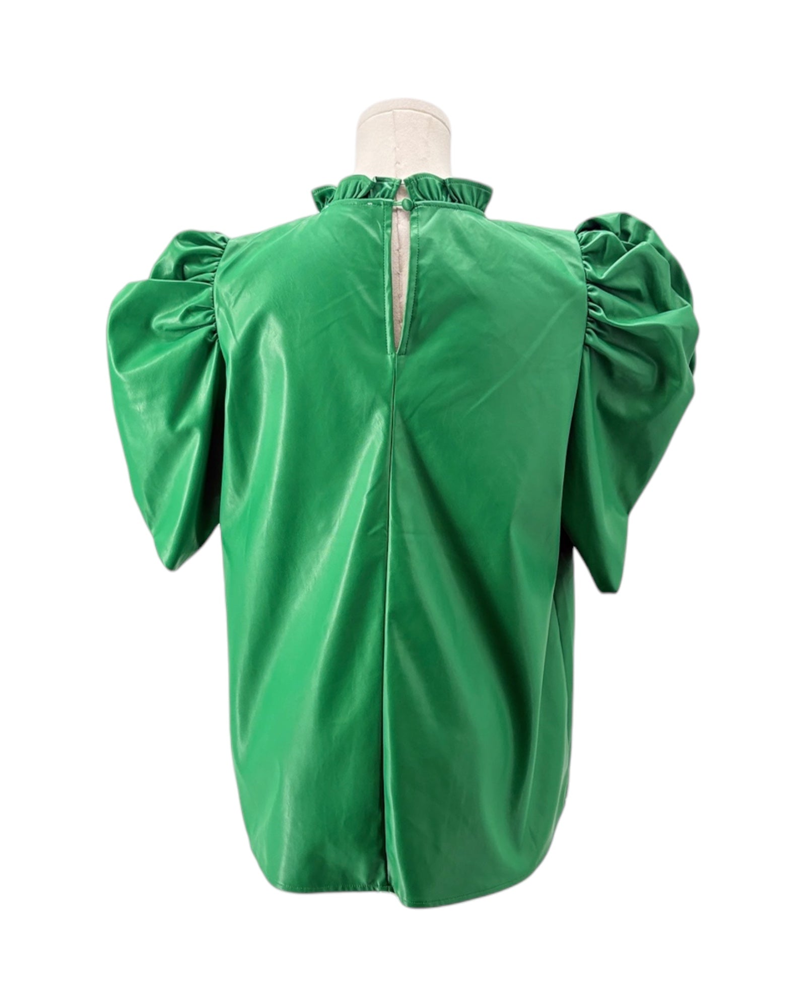 Green blouse with puffed sleeves on a mannequin against a white background