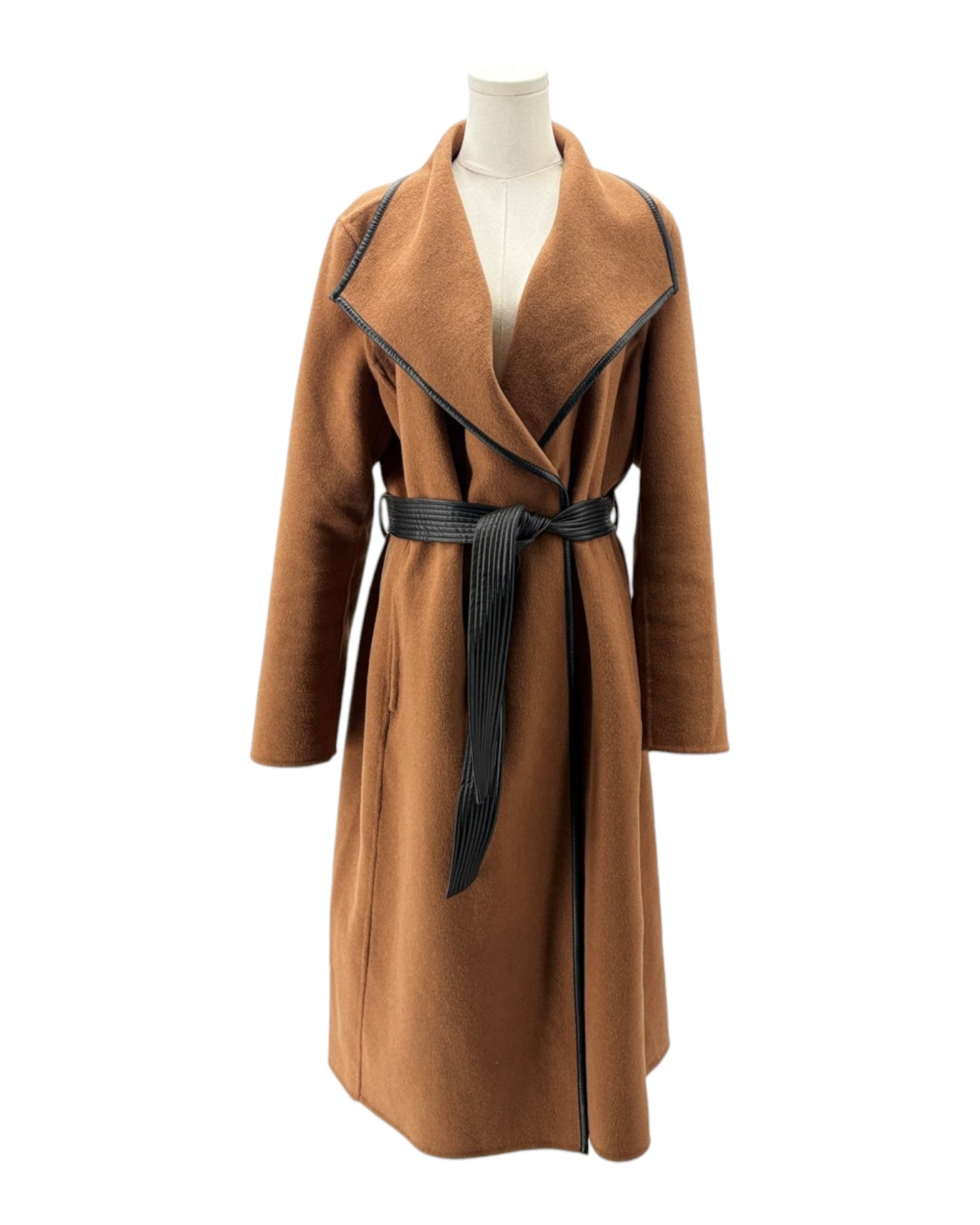 Brown wool coat with tie waist on a white background