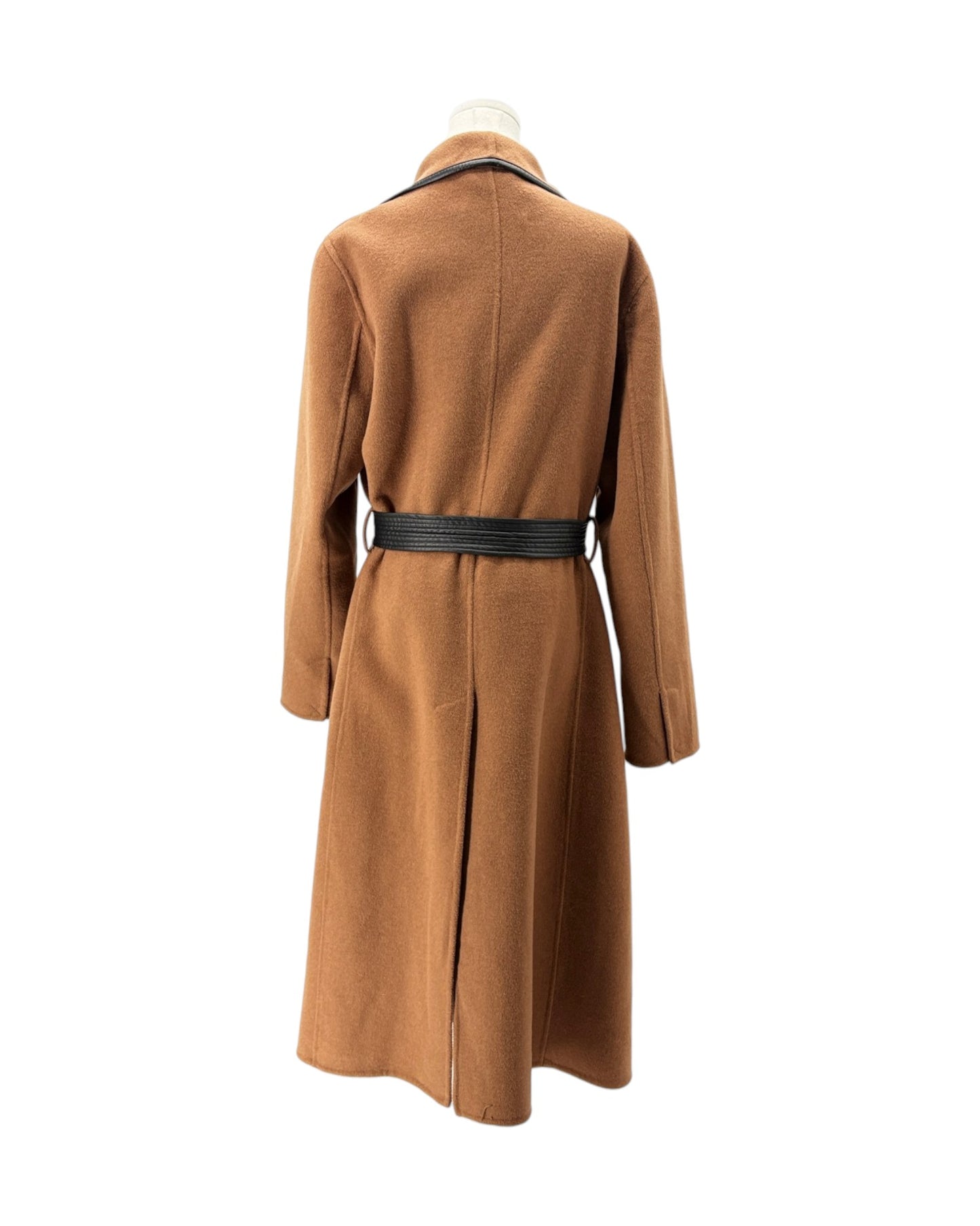 Brown wool coat with tie waist on a white background