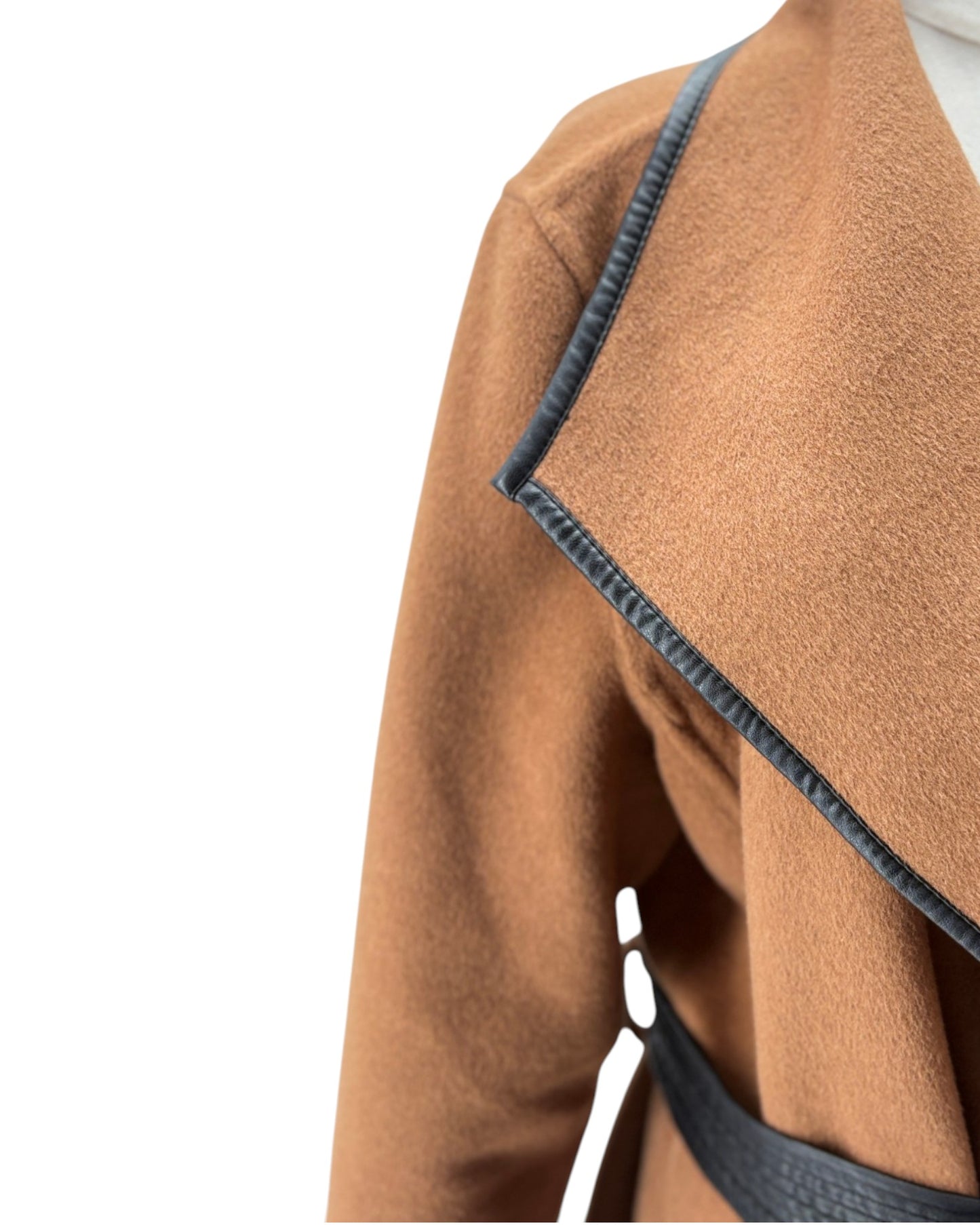 Brown wool coat with tie waist on a white background
