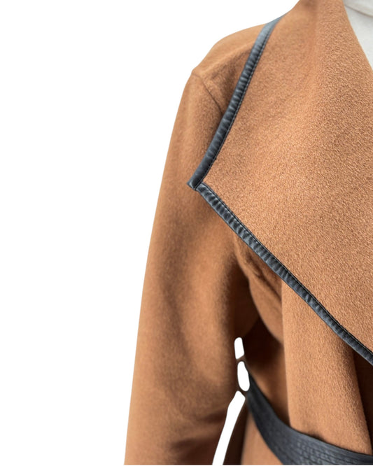 Brown wool coat with tie waist on a white background