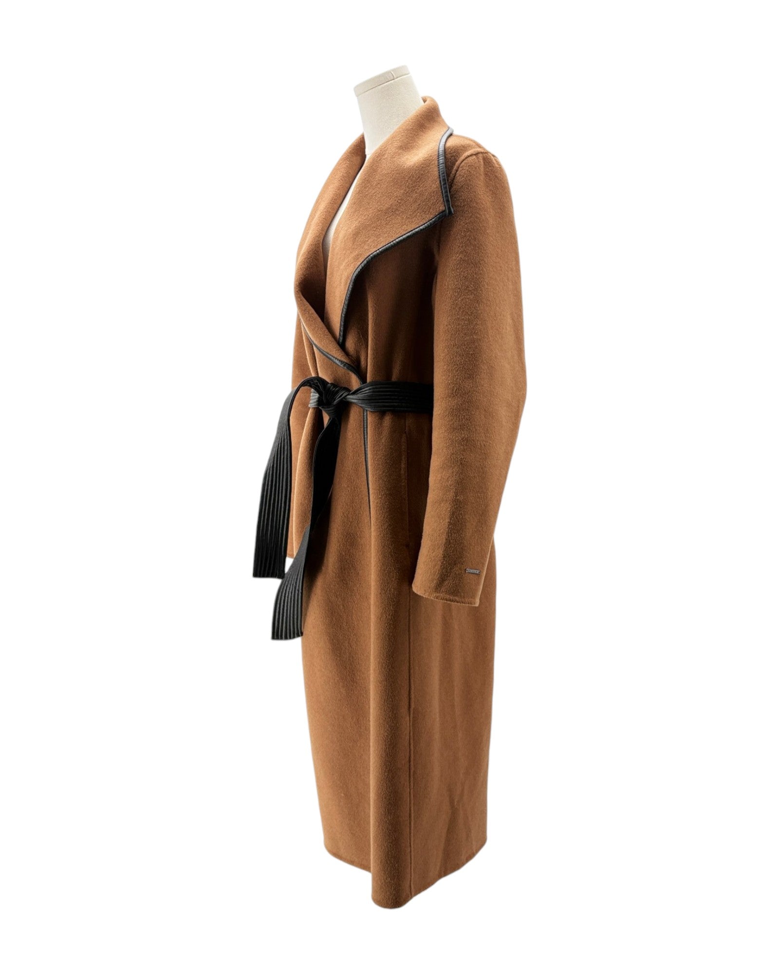 Brown wool coat with tie waist on a white background