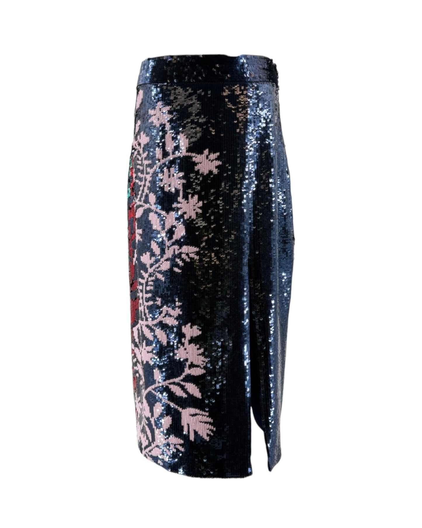 Black sequin skirt with floral patterns on a white background