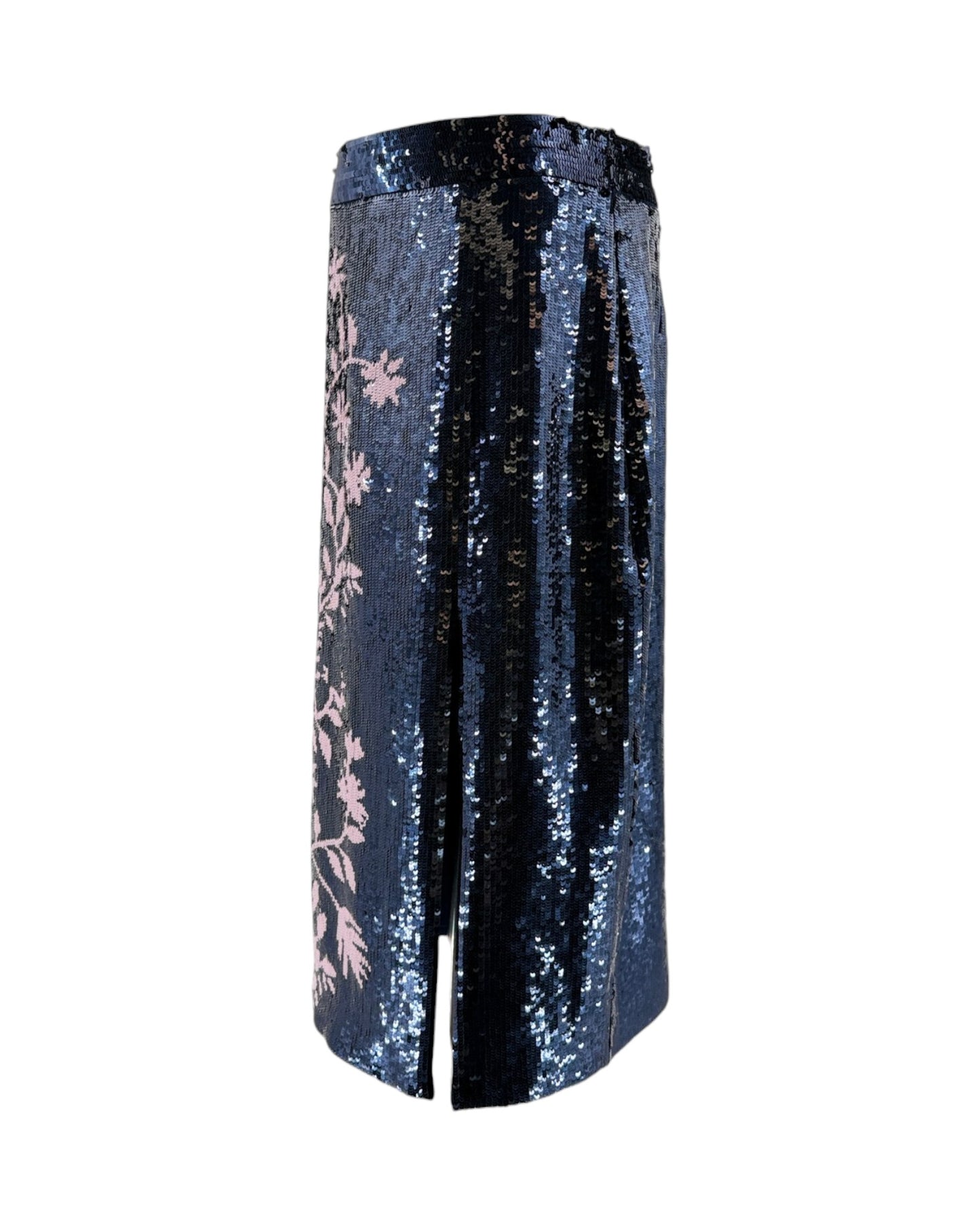 Black sequin skirt with floral embroidery on a white background