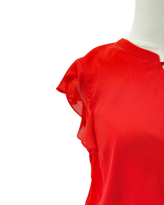 A close-up of a bright red ruffled short-sleeve top displayed on a white mannequin torso against a plain white background.
