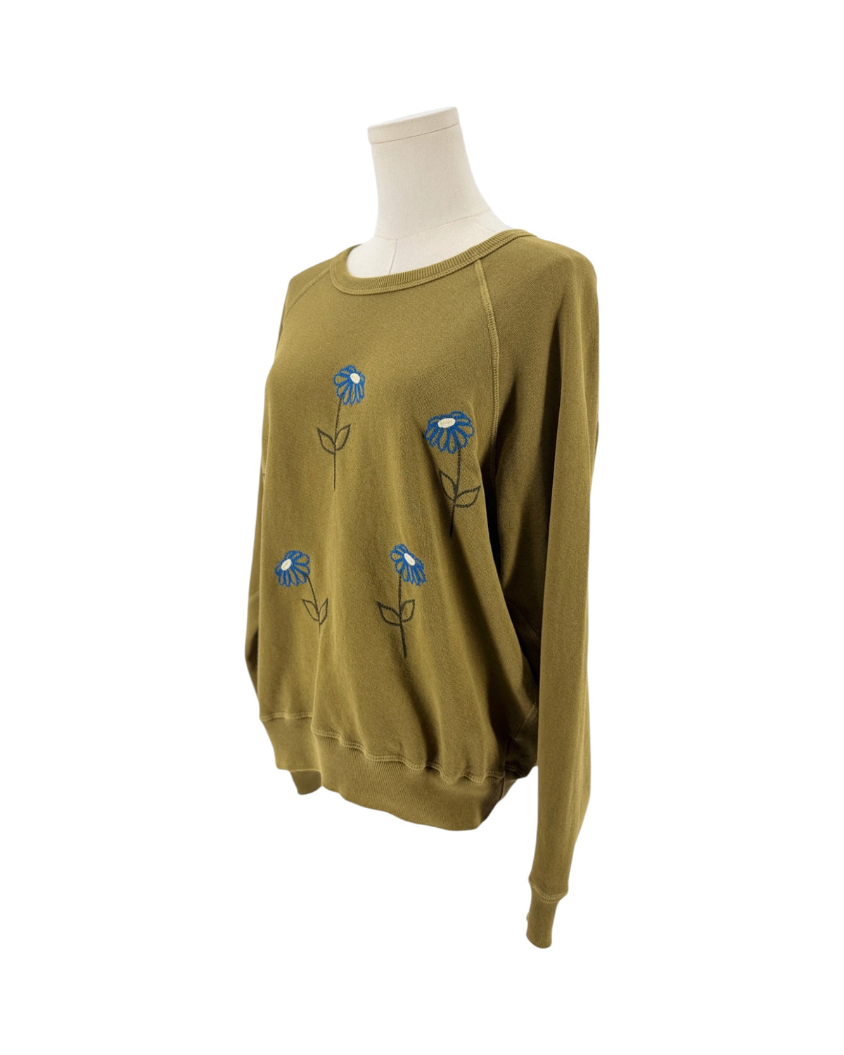 Green Classic crew-neck sweatshirt, blue embroidery flowers across the front on a white background on a mannequin