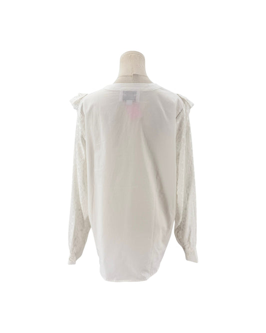 White long sleeve blouse with lace and ruffle details on a mannequin and on a white background