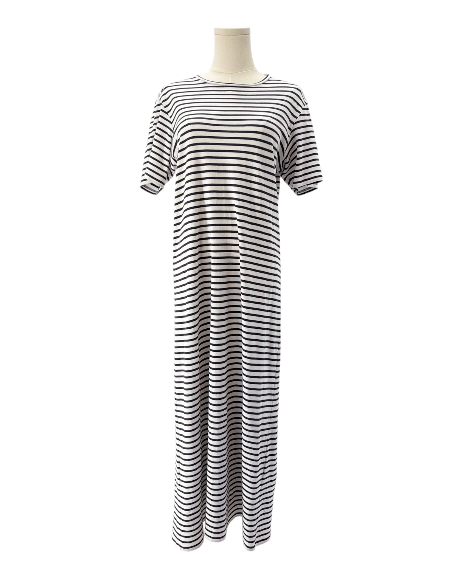 Navy and white striped dress on a mannequin against a white background