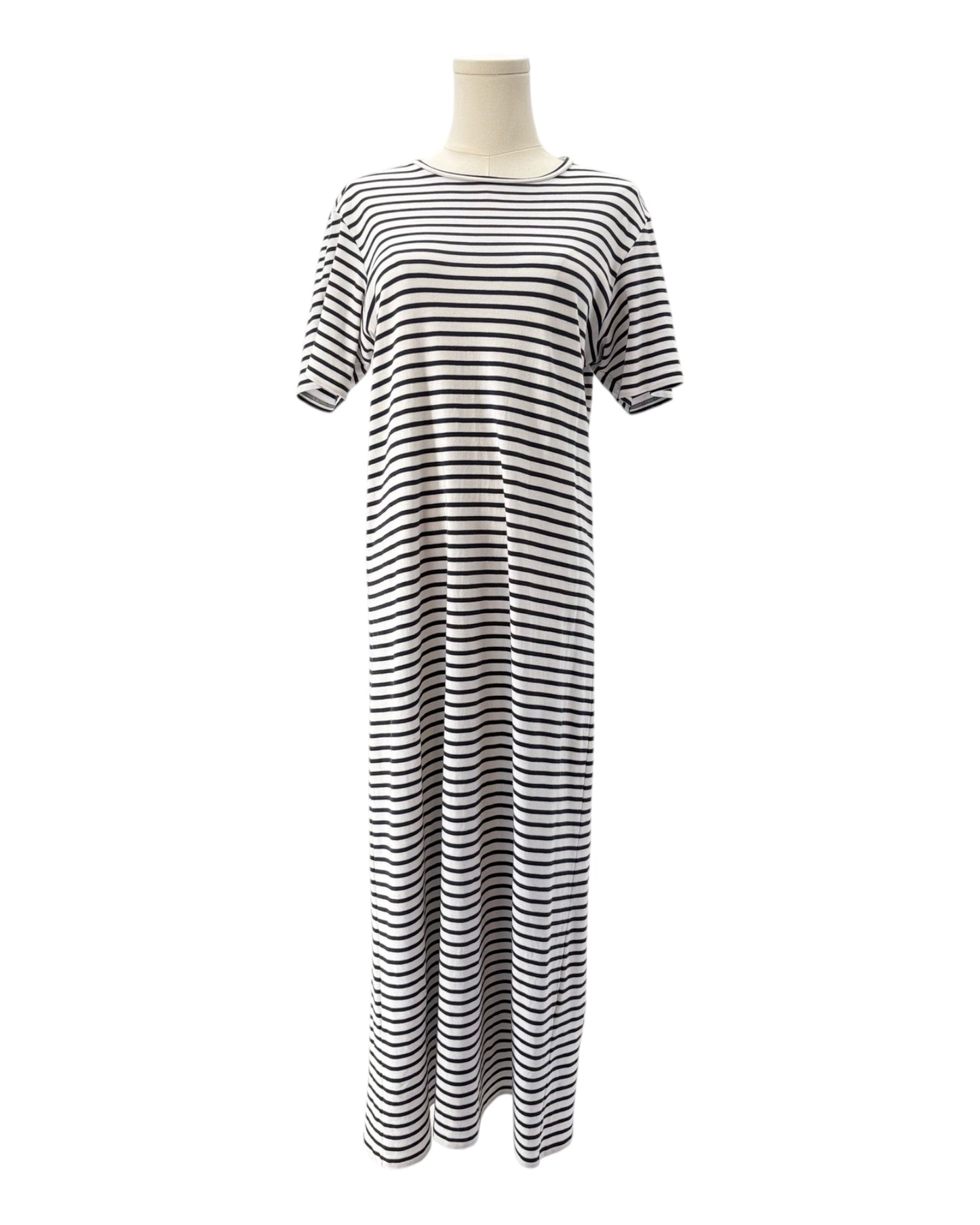 Navy and white striped dress on a mannequin against a white background