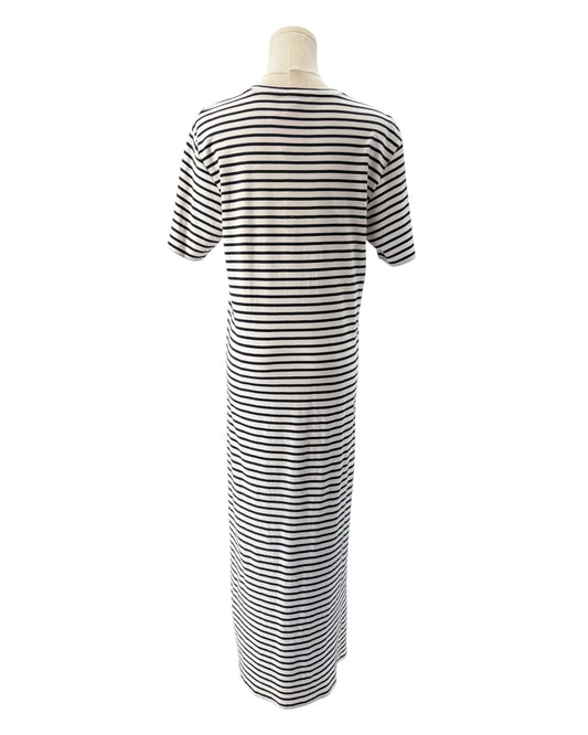 Navy and white striped dress on a mannequin against a white background