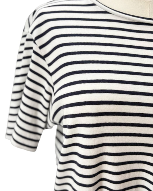 Navy and white striped dress on a mannequin against a white background