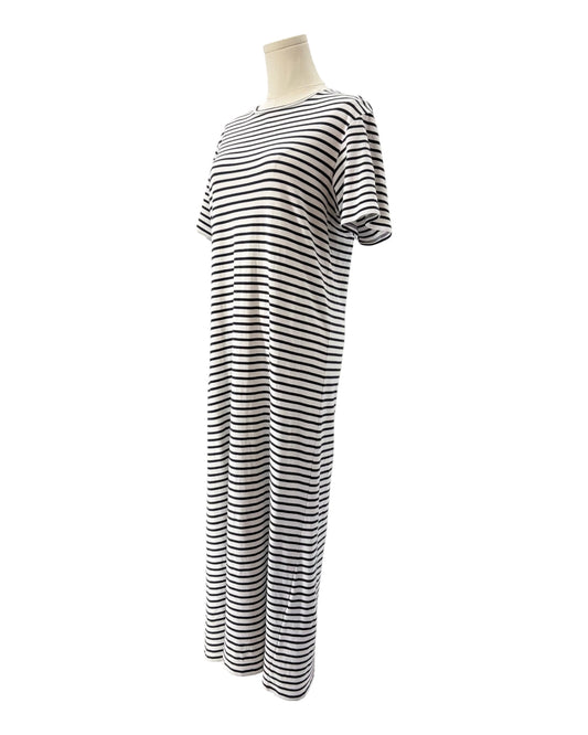 Navy and white striped dress on a mannequin against a white background