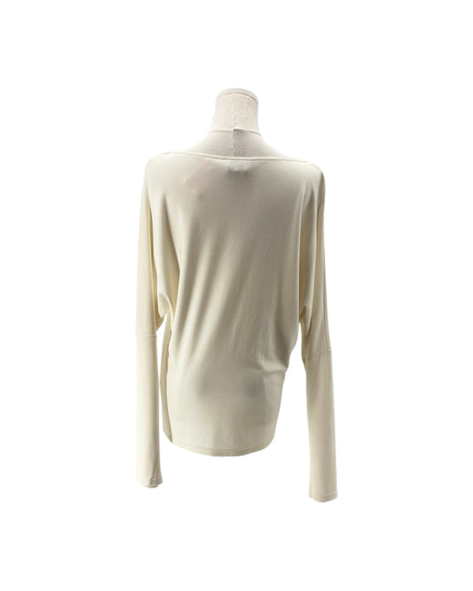 A cream-colored long-sleeve knit top displayed on a mannequin torso against a plain white background.