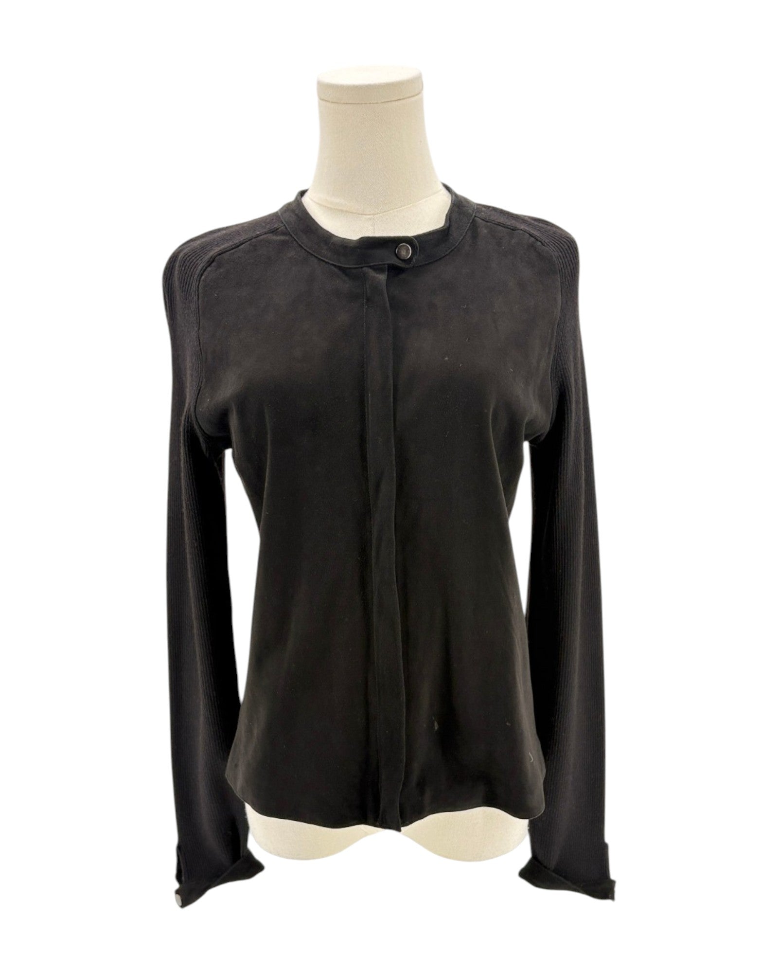 Black long sleeve jacket on mannequin on white background