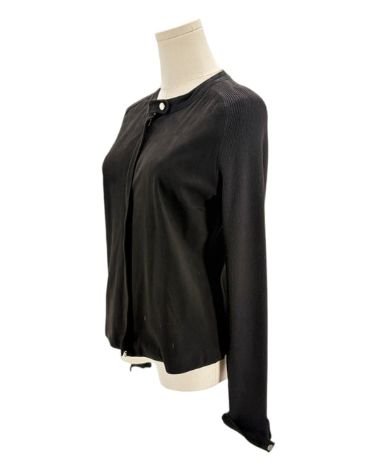 Black long sleeve jacket on mannequin on white background