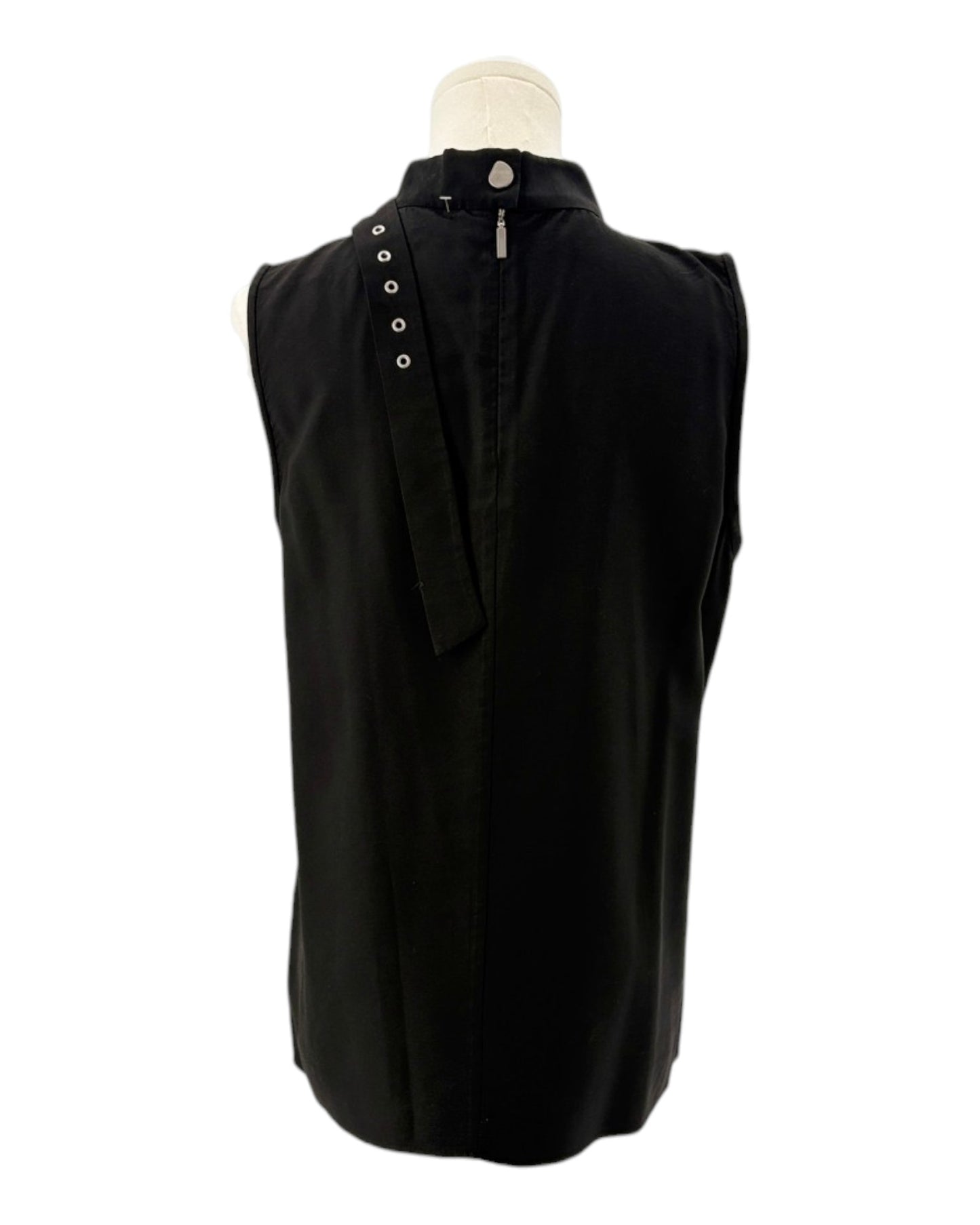 Tibi Black sleeveless top with decorative neckline on a white background