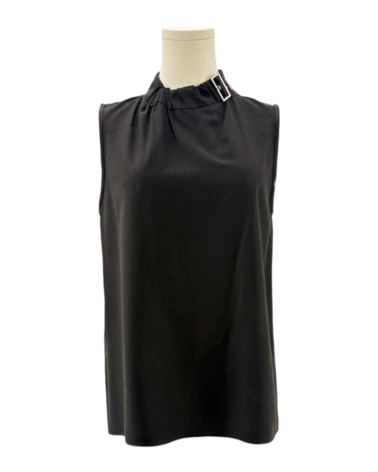 Tibi Black sleeveless top with decorative neckline on a white background