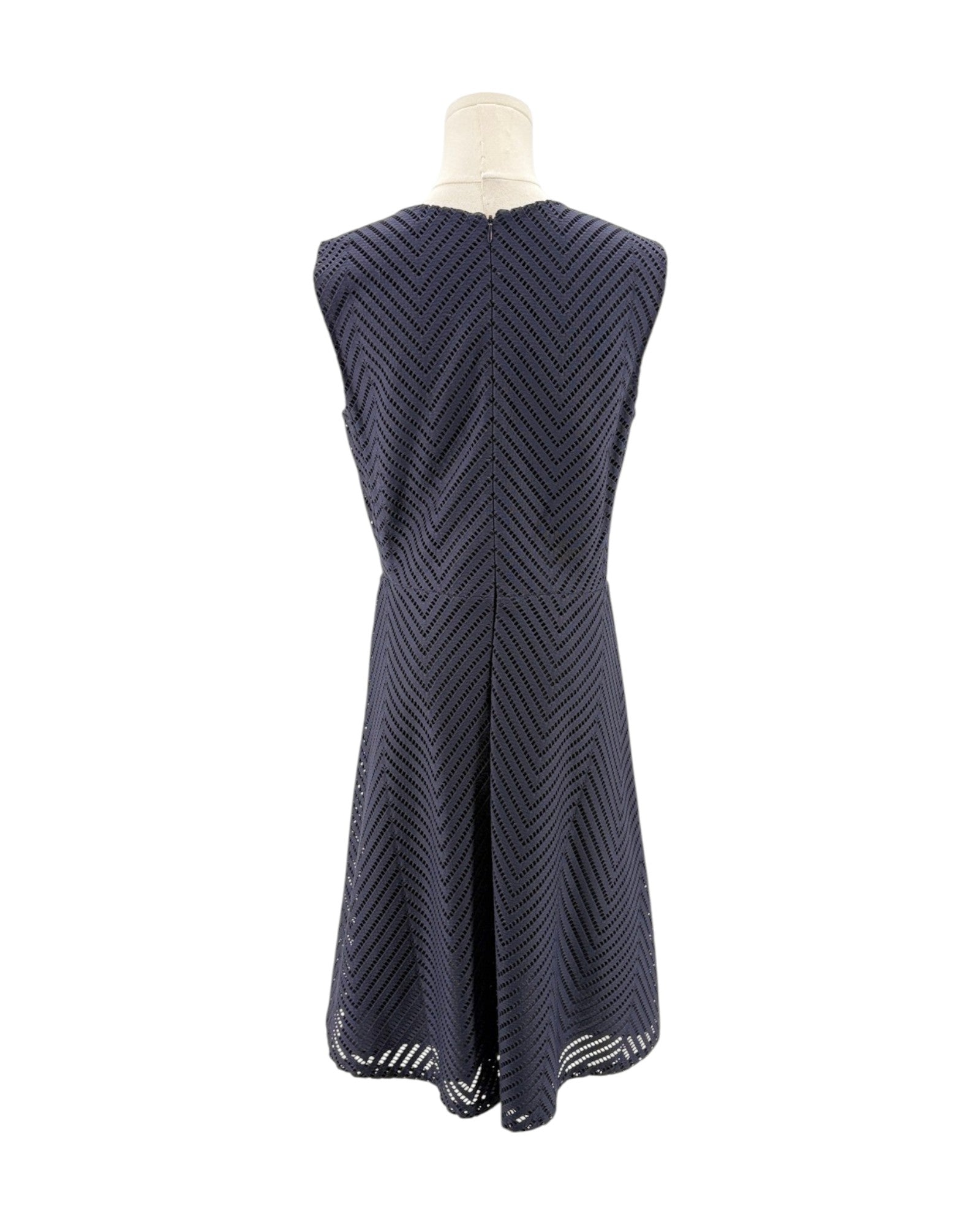 Navy blue sleeveless dress on a mannequin against a white background