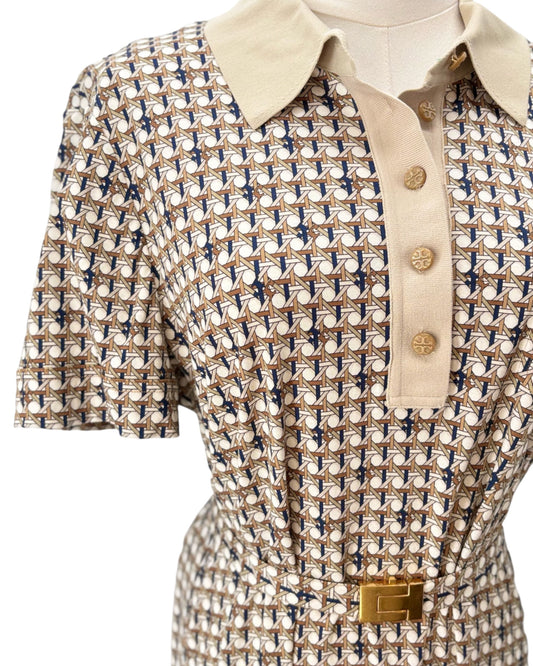 Short-sleeve shirt with a patterned design on a mannequin against a white background