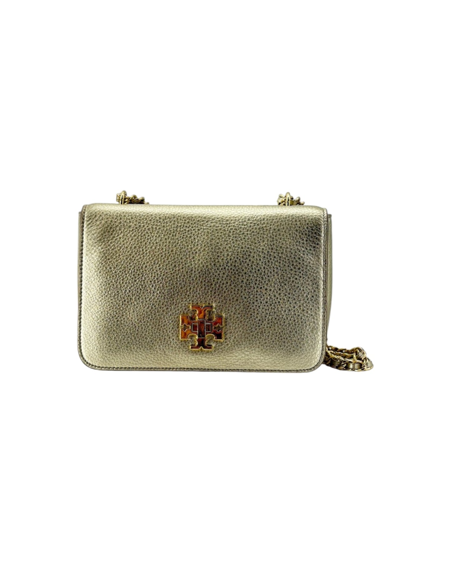 Gold handbag with a brand logo on a white background