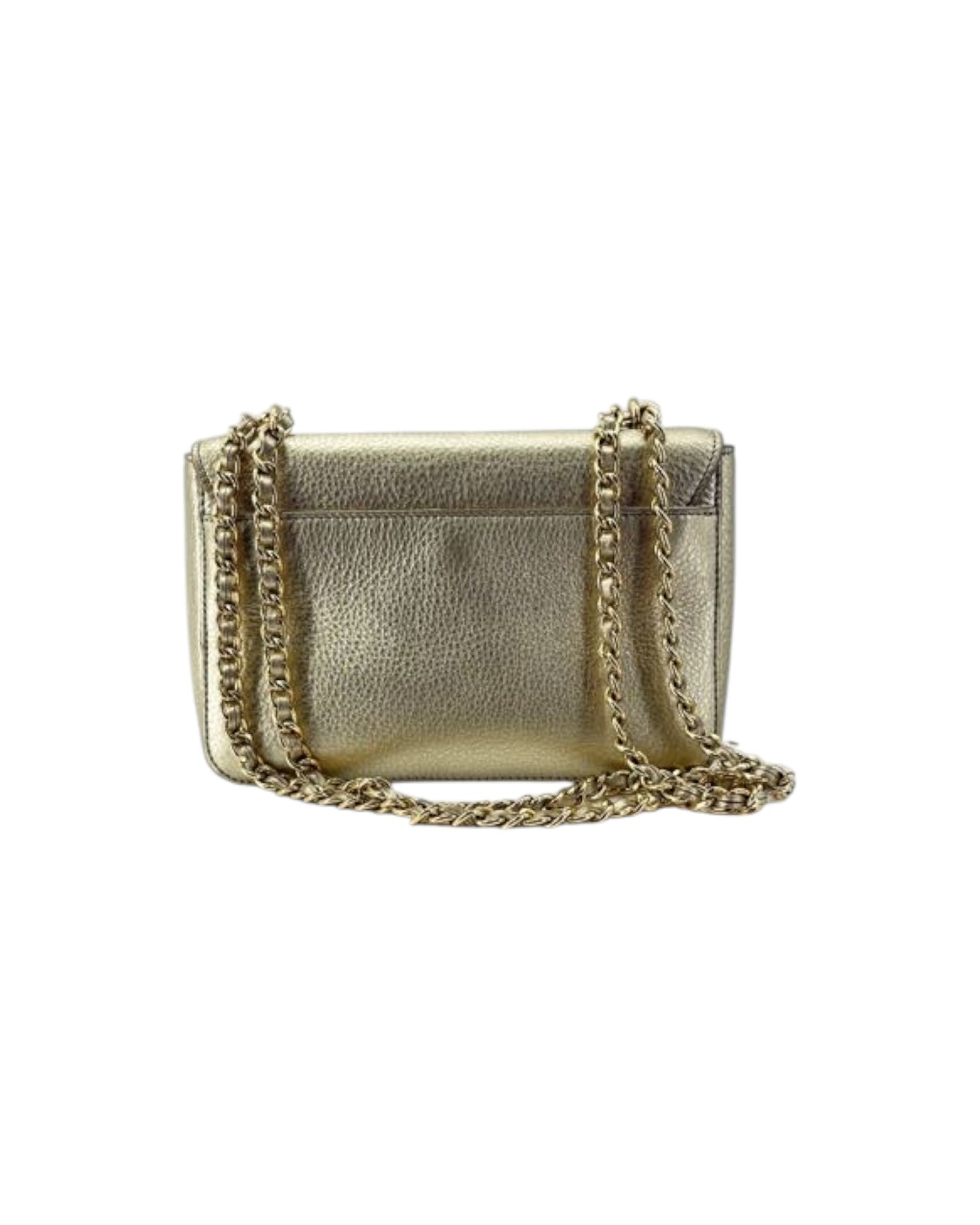Gold handbag with chain strap on a white background